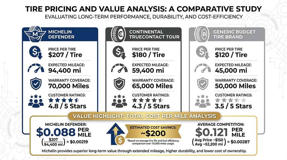 Professional comparison chart showing tire pricing and value analysis with performance metrics.