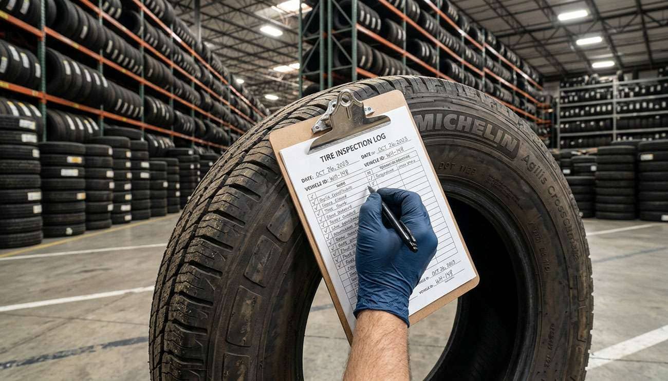 Gloved hand holding a clipboard against a tire in a warehouse filled with stacked tires.