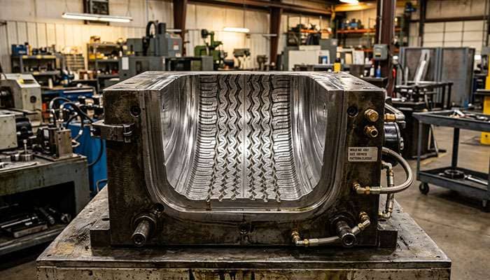 Industrial tire manufacturing mold used for producing period-correct classic car tires showing specialized low-volume production tooling