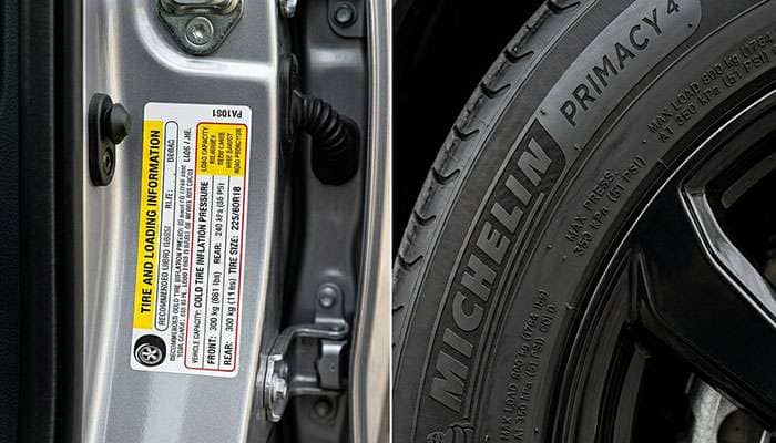 Comparison of recommended tire PSI on driver door sticker versus maximum PSI stamped on tire sidewall