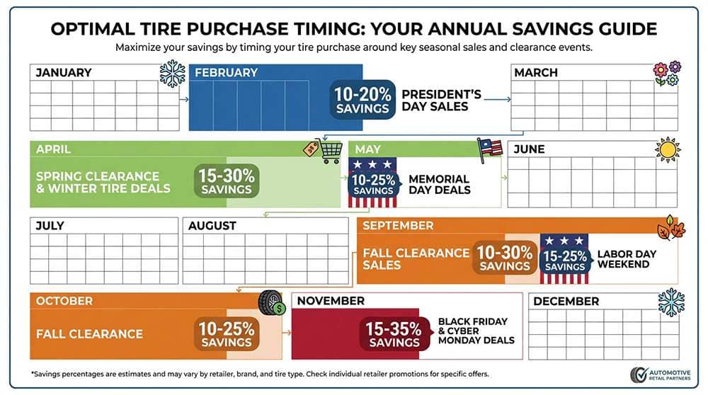 Calendar showing best times to buy tires with seasonal savings opportunities and discount periods highlighted