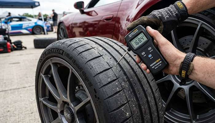 Needle probe pyrometer inserted into the tread of a hot performance tire measuring inside, middle, and outside temperatures