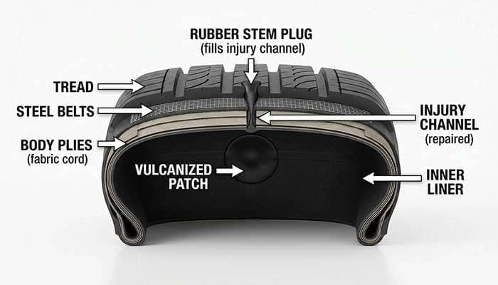 cross section diagram showing the correct plug-patch combination tire repair with the stem filling the injury channel and the patch sealing the inner liner