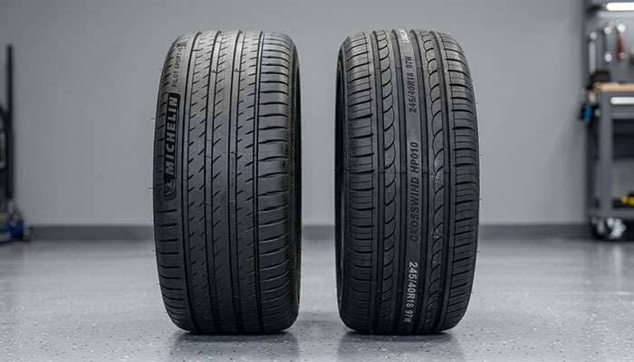 Side-by-side comparison of premium versus budget replacement tires on a garage floor