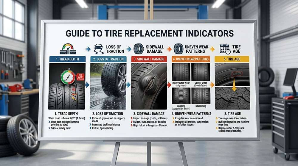 Table listing key signs for tire replacement including tread depth, loss of traction, sidewall damage, uneven wear, and tire age with images.