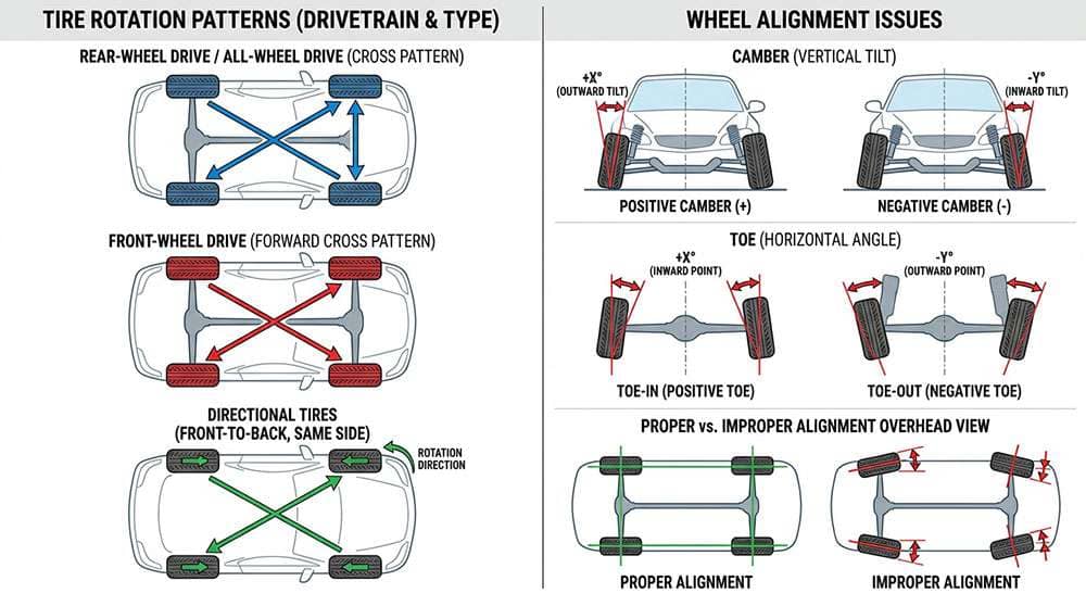 Diagram showing typical tire rotation patterns for rear/all wheel and front wheel drive, and common wheel alignment issues