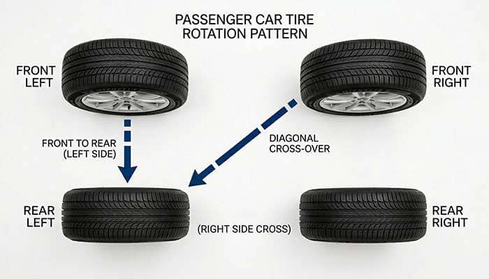 Top-down diagram of four wheel positions with crisscross rotation arrows showing front-to-rear and X-pattern movements