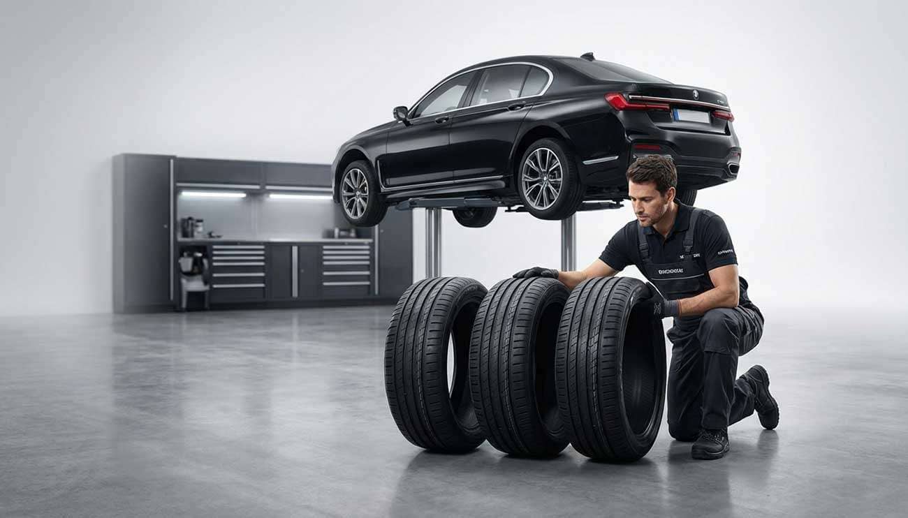 Mechanic kneeling beside four tires in a garage with a black luxury car lifted on a hoist in the background