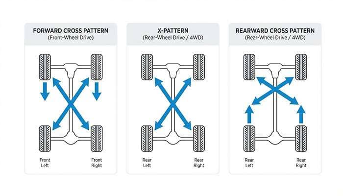 Diagram showing three nondirectional tire rotation patterns: forward cross, X-pattern, and rearward cross for different drive vehicles
