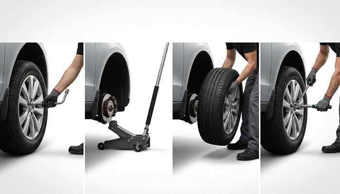 Step-by-step illustrated guide showing how to properly rotate car tires for even wear and maintenance