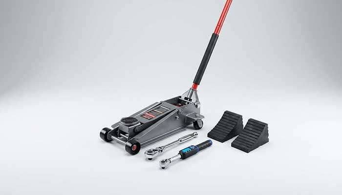 Universal automotive 360-degree swivel labor-saving jack ratchet wrench positioned next to a car tire jack