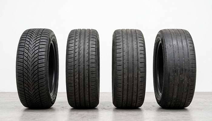 Set of four tires showing different tread wear depths lined up on a clean white studio backdrop