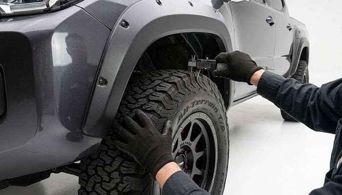 Technician test fitting a wheel and checking fender clearance with the steering turned