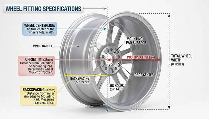 Wheel shown from the back with offset measurement between mounting pad and centerline