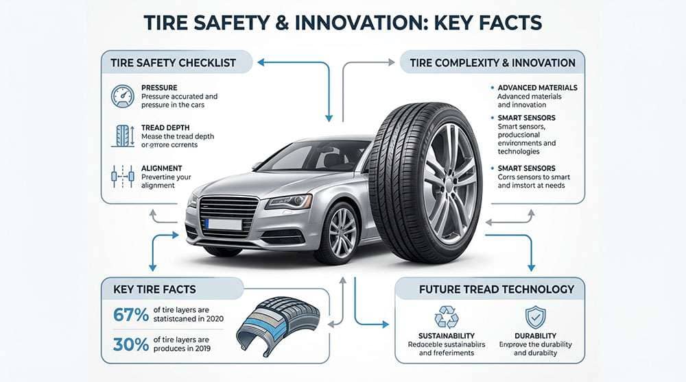 Infographic showing tire safety, complexity, and innovation with a car, tire, and key facts from the U.S. Tire Manufacturers Association