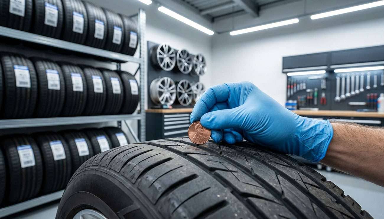 Mechanic wearing gloves measures tire tread depth with a coin in a garage filled with stacked tires and wheels