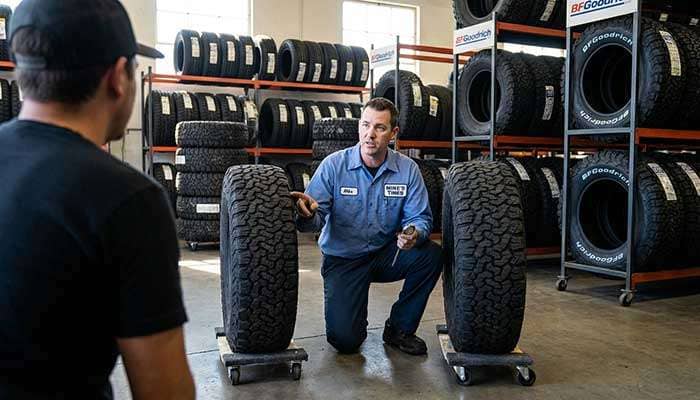 Person in blue shirt comparing various off-road tires labeled BFGoodrich KM2 in a tire shop filled with stacked tires