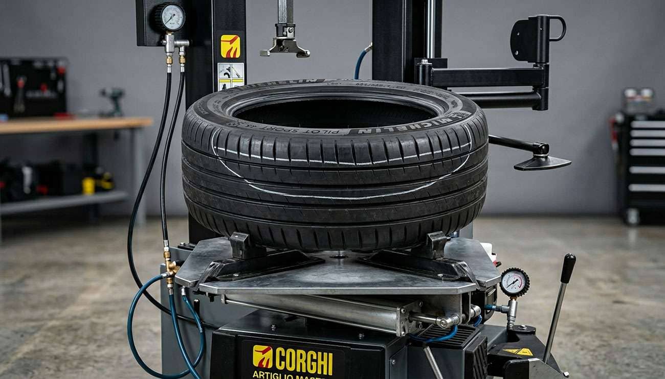Tire dismounted on a tire machine in a shop with a chalk line drawn across the sidewall marking the no-repair zone