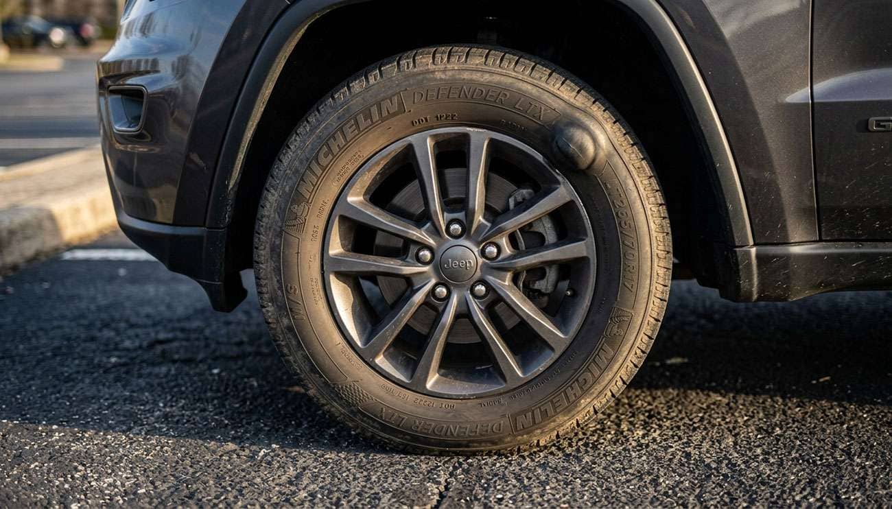Close-up of a tire sidewall bubble bulging outward on a vehicle parked on asphalt