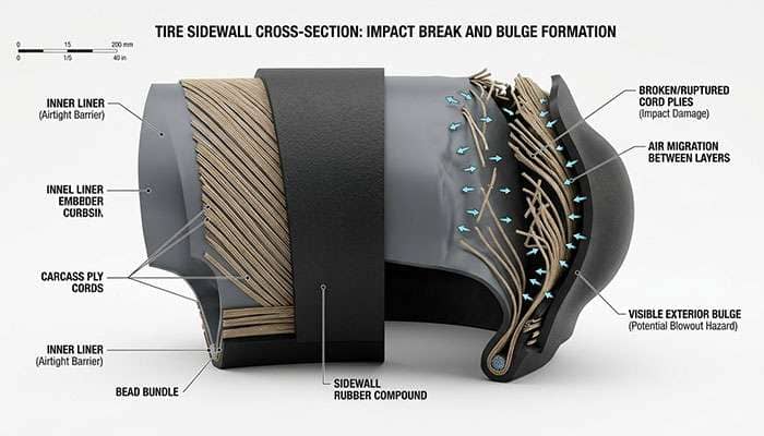 cross-section diagram showing how a tire sidewall bulge forms when internal cords break and air migrates between inner liner and outer rubber