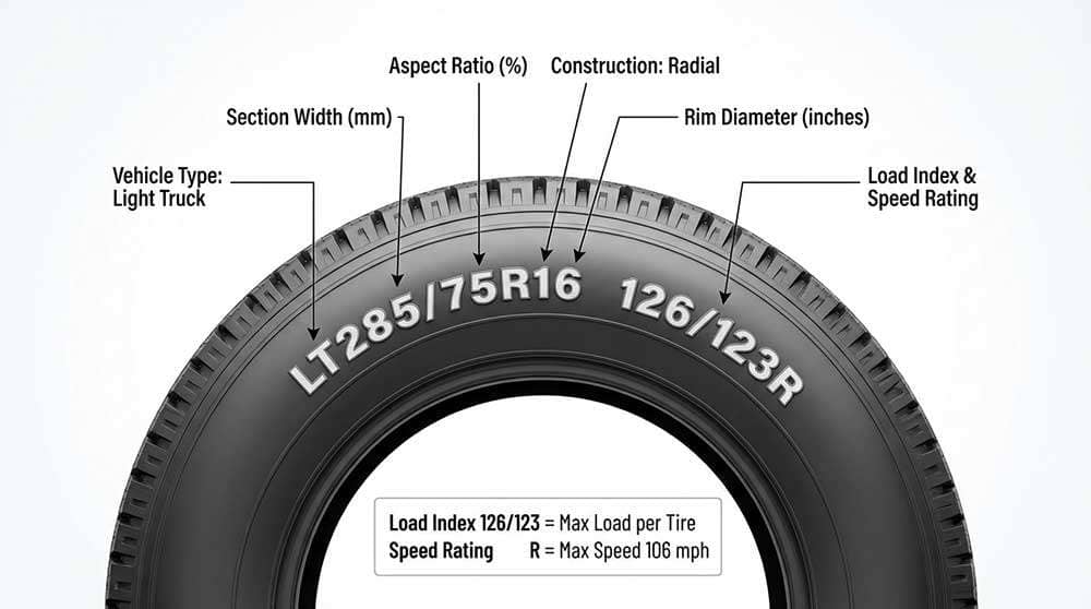 Diagram explaining how to read tire size and specifications on a tire sidewall