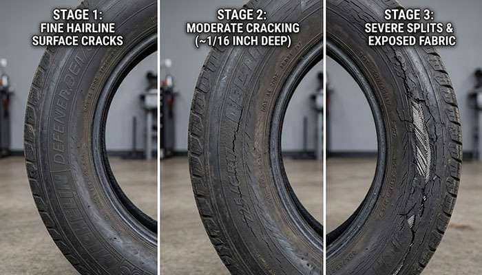 detailed close up showing progression of tire dry rot from fine surface cracks to deep sidewall splits exposing fabric layers