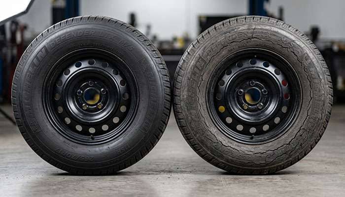 side by side comparison of minor surface checking on a tire sidewall versus severe dry rot cracking requiring immediate replacement
