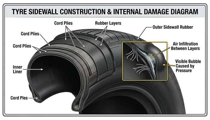 Diagram showing internal tire structure with cord damage leading to a sidewall bubble formation