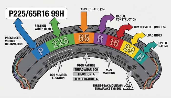 Diagram explaining tire sidewall codes including width, aspect ratio, radial construction, rim diameter, load index, and speed rating