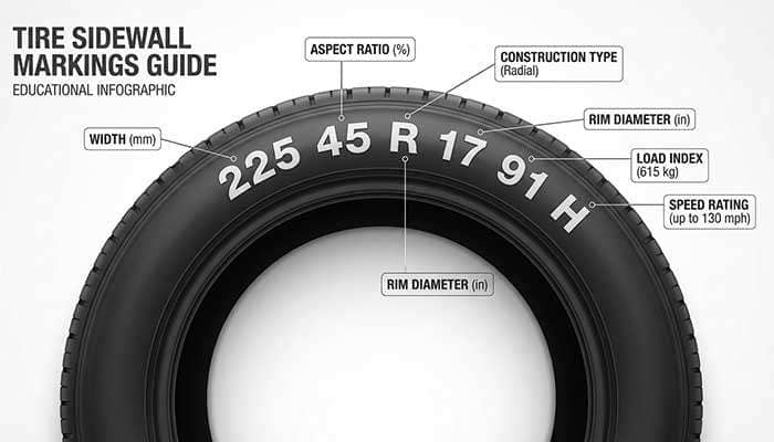 Diagram explaining tire sidewall information including width aspect ratio construction rim diameter load index and speed rating