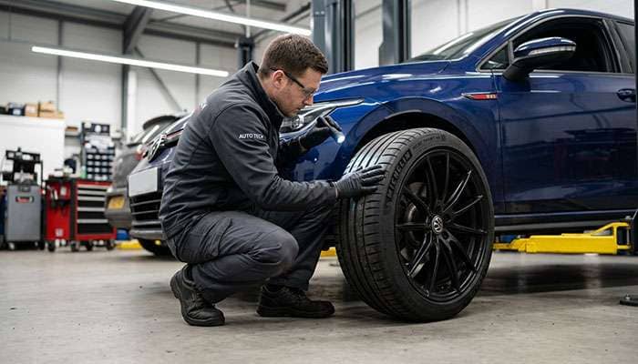 person inspecting a tire sidewall by running their hand around the full circumference looking for bulges cuts and damage