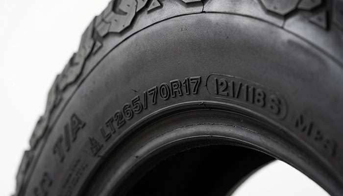 Close-up of a truck tire sidewall showing the size designation followed by the load index and speed rating markings