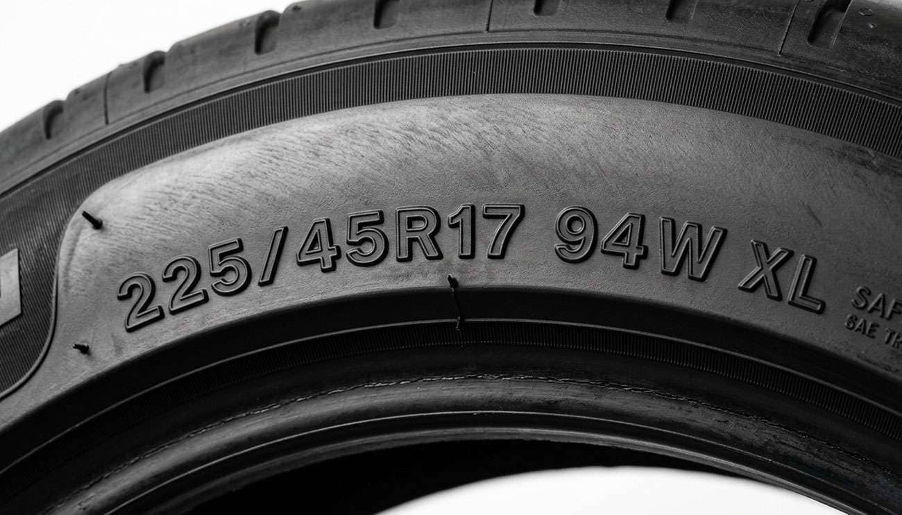 Close-up of a passenger tire sidewall showing the load index and speed rating printed after the tire size
