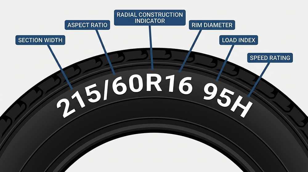 Diagram showing how to read tire sidewall markings, including size, load index, and speed rating