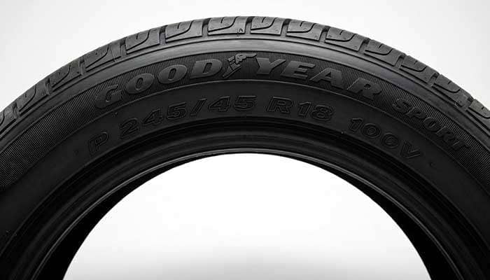 Diagram explaining tire sidewall markings including passenger car designation, section width, aspect ratio, radial construction, rim diameter, and service description