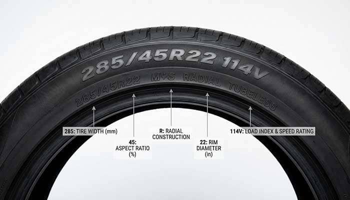 Diagram showing how to read tire sidewall markings with explanations