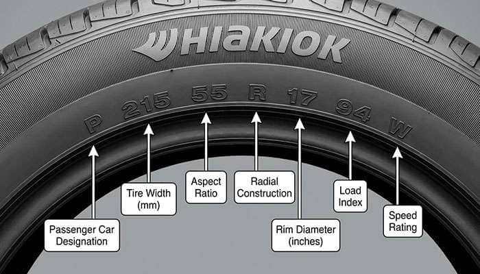 Diagram explaining tire sidewall markings including passenger car, width, aspect ratio, construction, rim diameter, load index, and speed rating