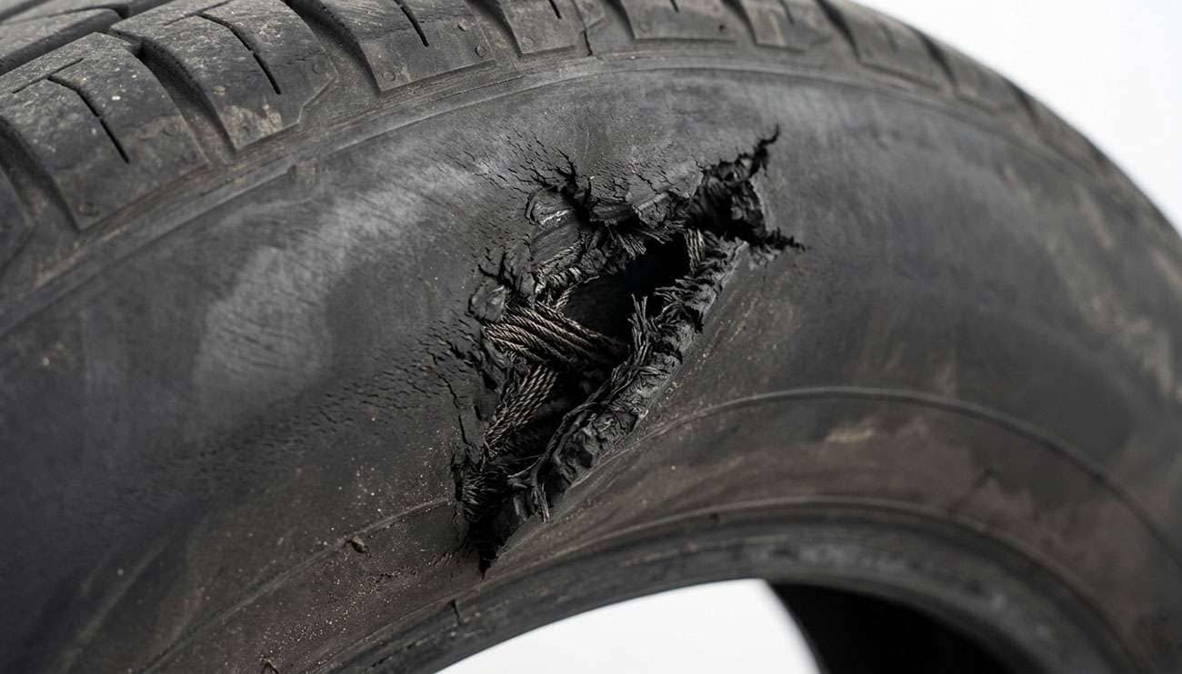 Deep puncture and cut in the sidewall of a car tire, damage that can never be repaired
