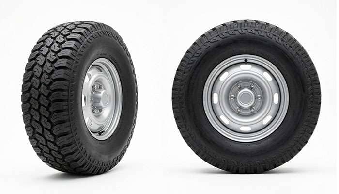 Two identical truck tires compared head-on, one mounted on a narrow rim with a bulged sidewall and one on a correct-width rim with an upright sidewall