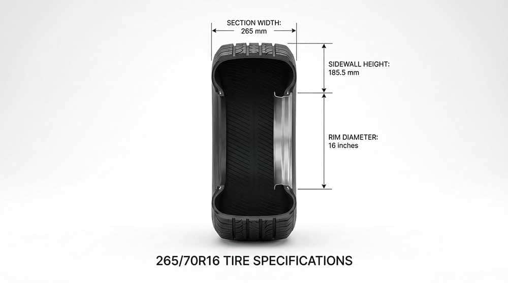 Tire size chart explaining section width, aspect ratio, radial construction, rim diameter, load rating, and speed rating