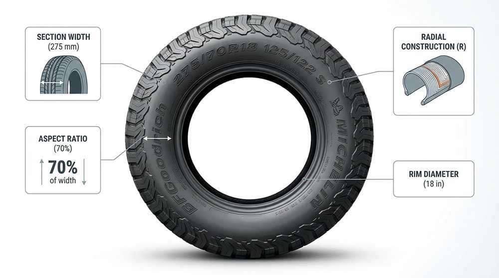Tire size chart explaining section width, aspect ratio, radial construction, rim diameter, load rating, and speed rating on a tire