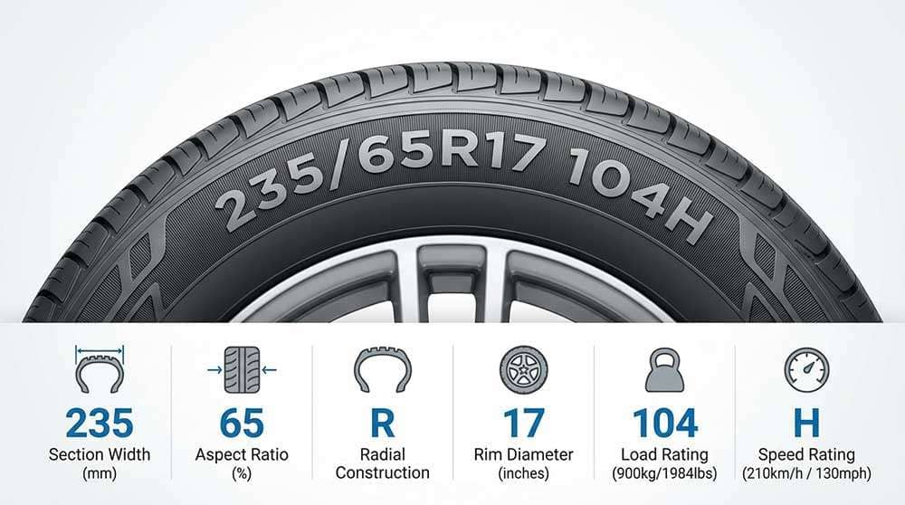 Tire size chart explaining section width, aspect ratio, radial construction, rim diameter, load rating, and speed rating