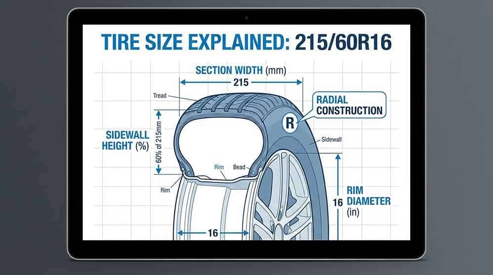 Tire size chart explaining section width, aspect ratio, radial construction, rim diameter, load rating, and speed rating of a tire