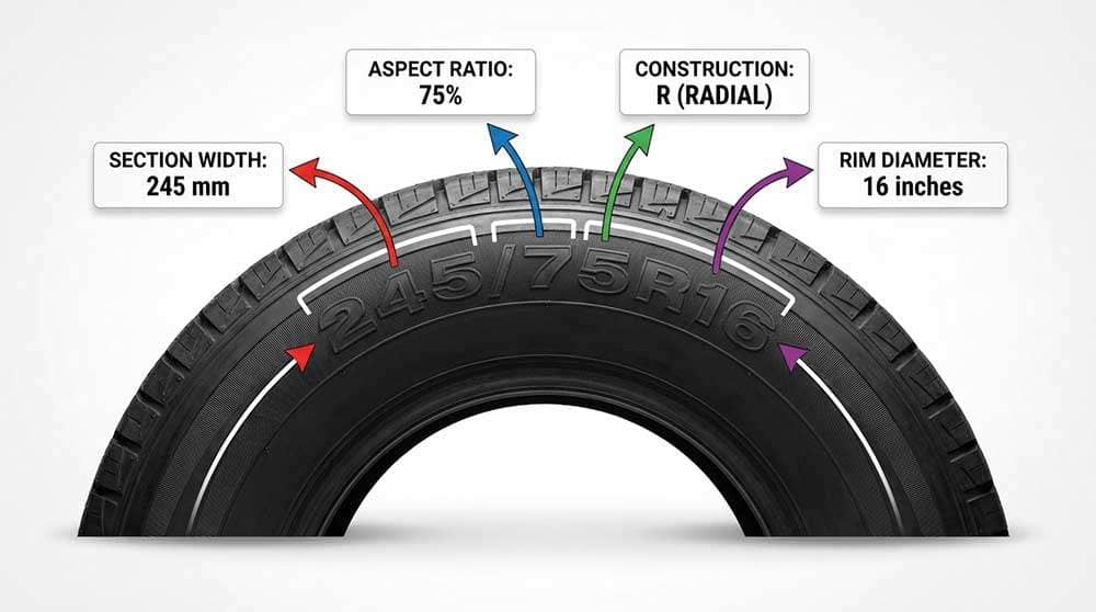 Tire size chart explaining section width, aspect ratio, radial construction, rim diameter, load rating, and speed rating