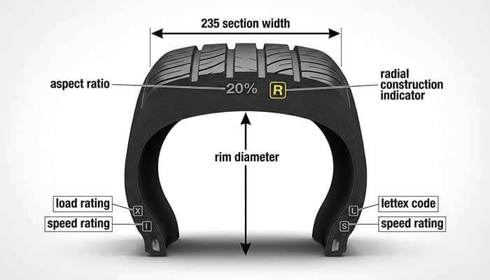 Tire size chart explaining section width aspect ratio radial construction rim diameter load rating and speed rating