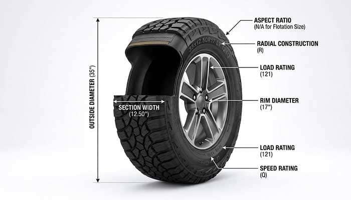 Tire size chart explaining section width, aspect ratio, radial construction, rim diameter, load rating, and speed rating of a tire