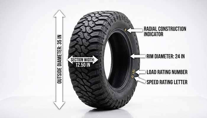 Tire size chart explaining section width, aspect ratio, radial construction, rim diameter, load rating, and speed rating
