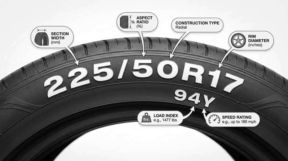 Tire size chart explaining section width, aspect ratio, radial construction, rim diameter, load rating, and speed rating