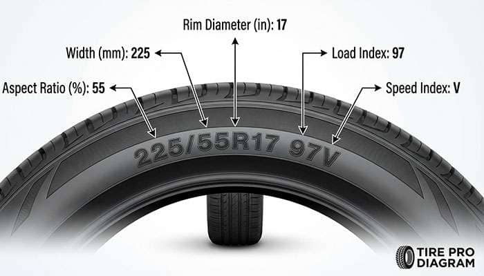 Diagram explaining tire size codes, including tire width, aspect ratio, rim diameter, load index, and speed index details