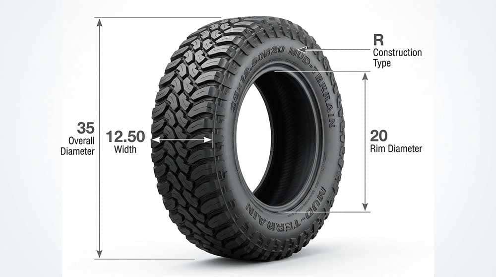 Diagram explaining tire size components including tire width, aspect ratio, rim diameter, load index, and speed index